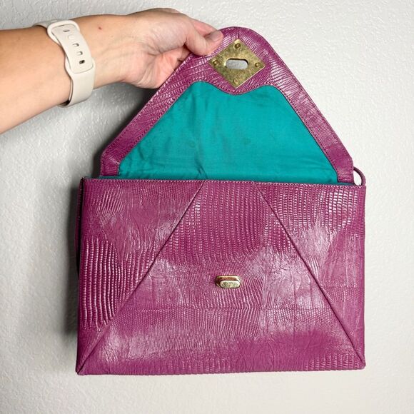 Kate Landry purple embossed leather snakeskin turnlock envelope clutch bag - Picture 7 of 16